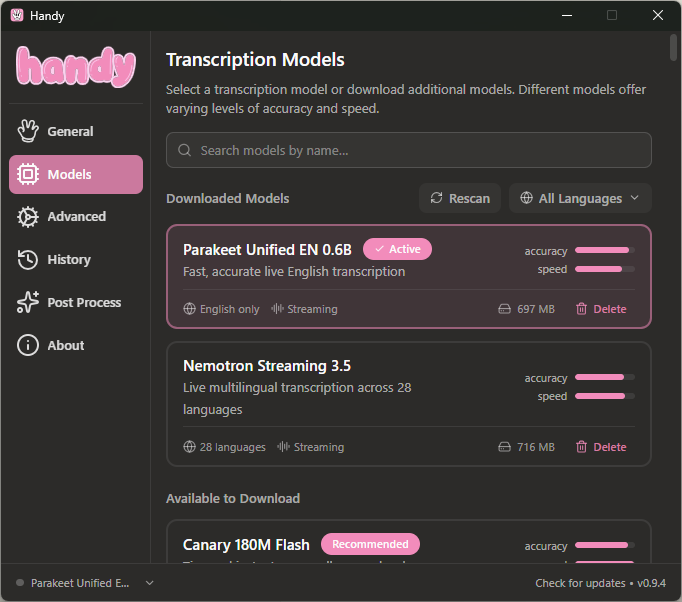 Handy transcribing speech into the pi prompt