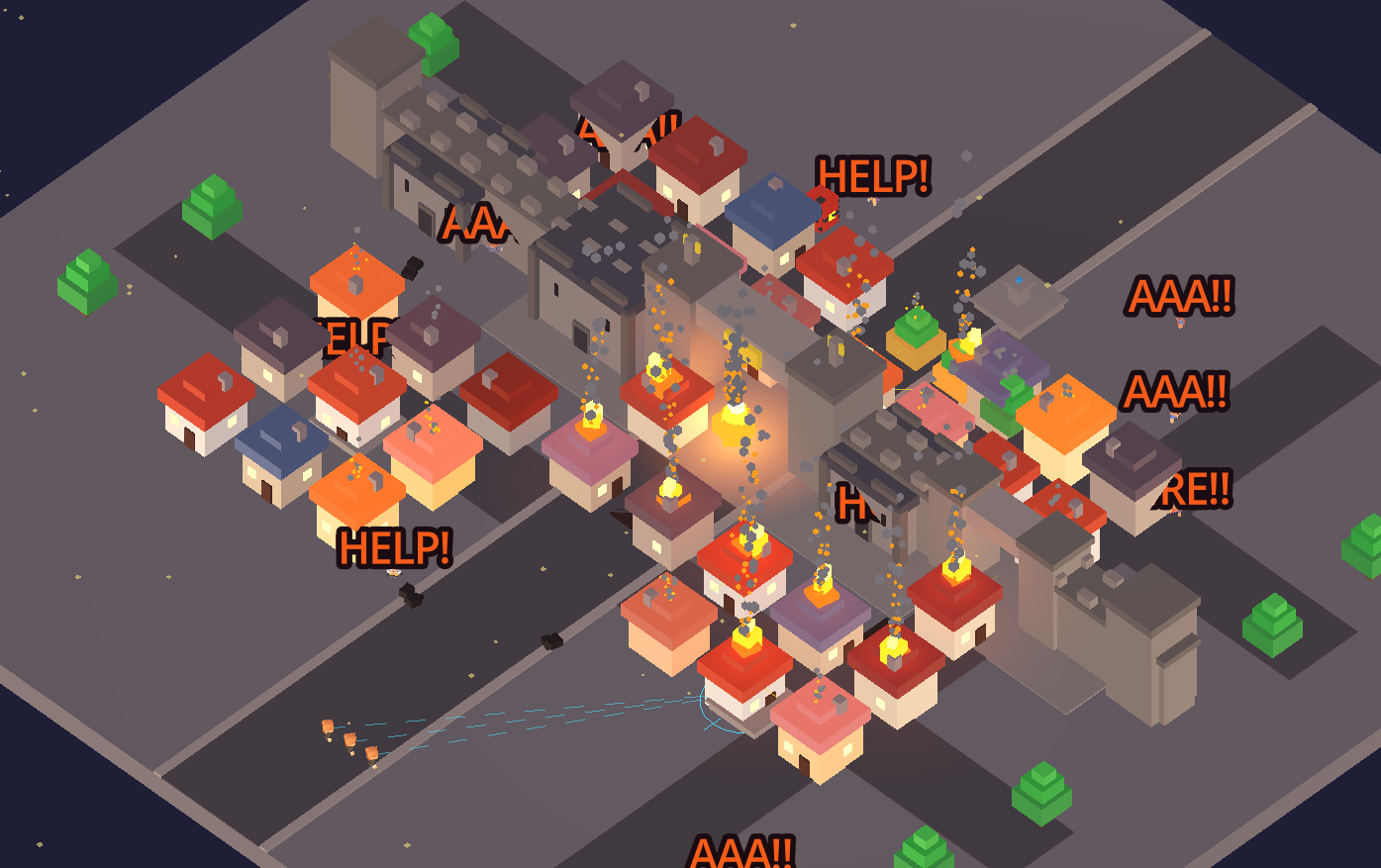 Full-scale settlement disaster with active firefighter response and chaos