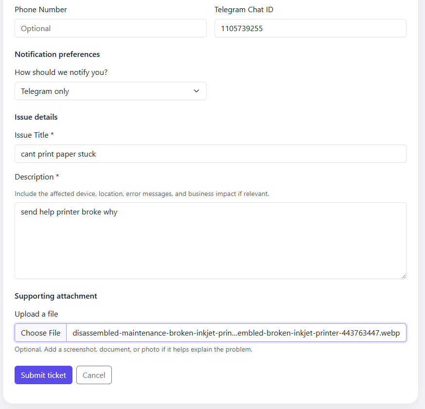 Smart AI Ticket Management System submission form