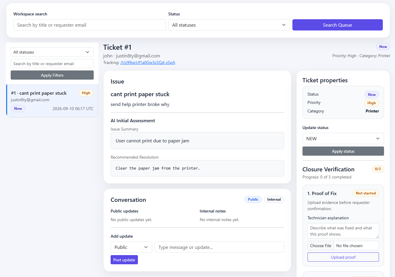 Technician ticket queue