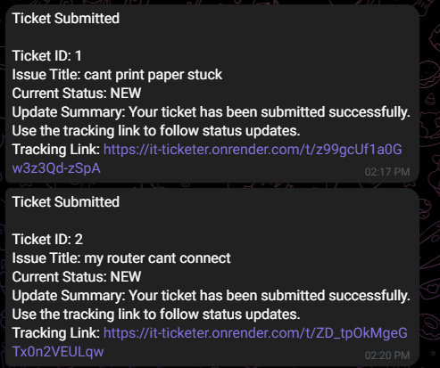 Telegram ticket status notifications